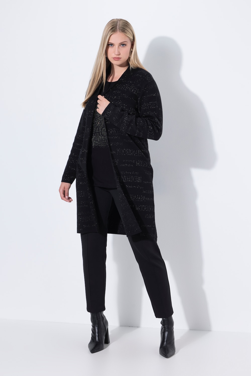 Strickjacke, Glitzer-Schrift, Stehkragen, Langarm