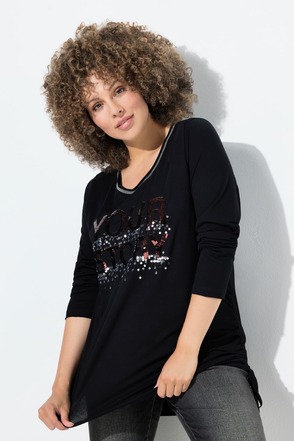 Shirt, Pailletten-Schriftzug, Classic, Rundhals, Langarm