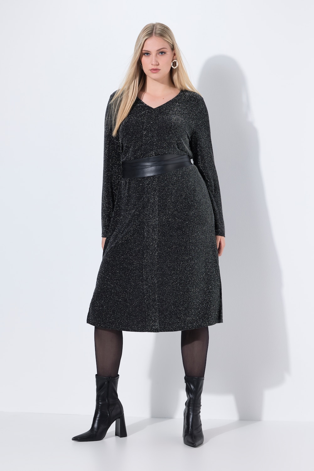 Große Größen Midi-Glitzerkleid, Damen, schwarz, Größe: 62/64, Synthetische Fasern, Ulla Popken