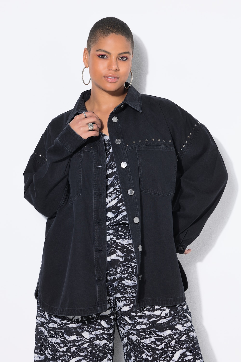 Jeanshemd, oversized, Ziernieten