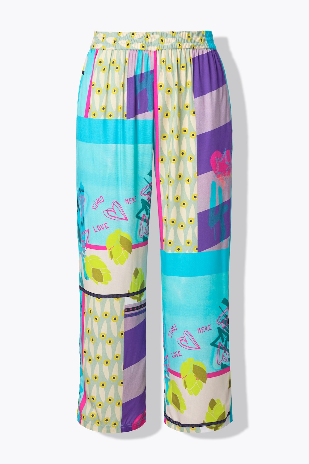 Broek, straight fit, kleurrijke all-over print, elastische tailleband