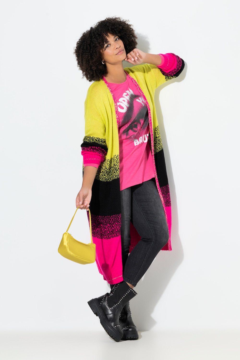 Long-Strickjacke, Blockstreifen-Farbverlauf, offene Form