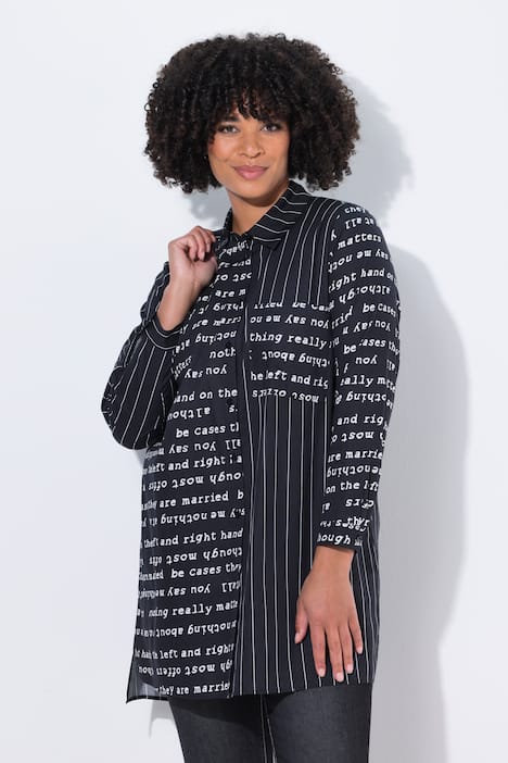Long-Hemdbluse, oversized, Schriftmuster/Streifen