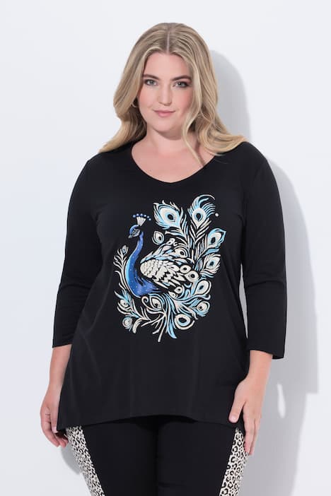 T-Shirt, A-Linie, Pfauen-Motiv, 3/4-Ärmel