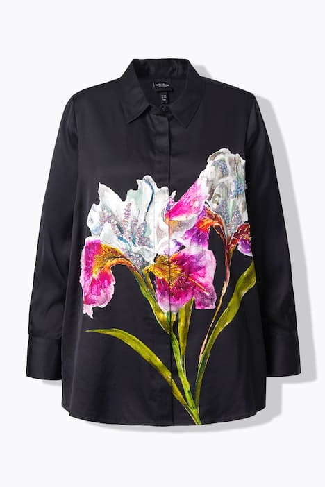 Satin Button Down Lily Print Blouse