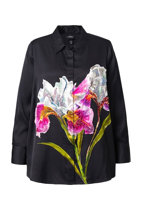 Saténová halenka, perly, áčkový střih, košilový límec, dlouhé rukávy