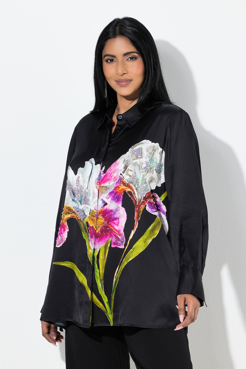 Thumbnail - Große Größen Satinbluse, Damen, schwarz, Größe: 42/44, Viskose, Ulla Popken