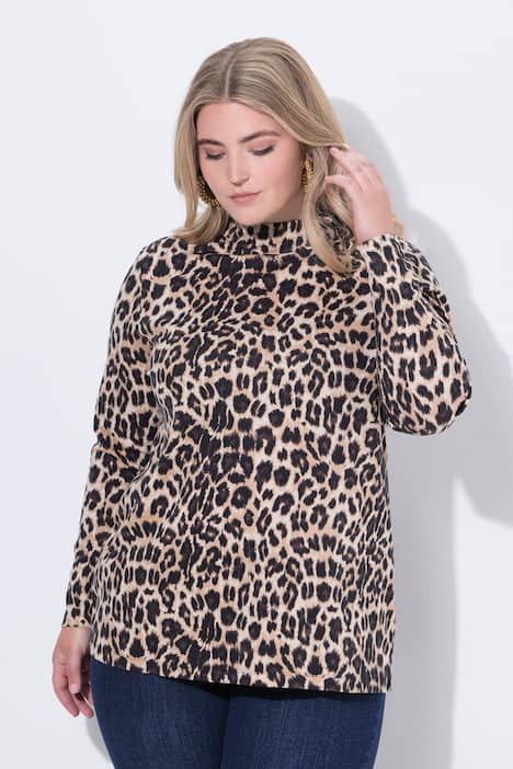 T-Shirt, Komfort Fit, Leoparden-Print, Stehkragen