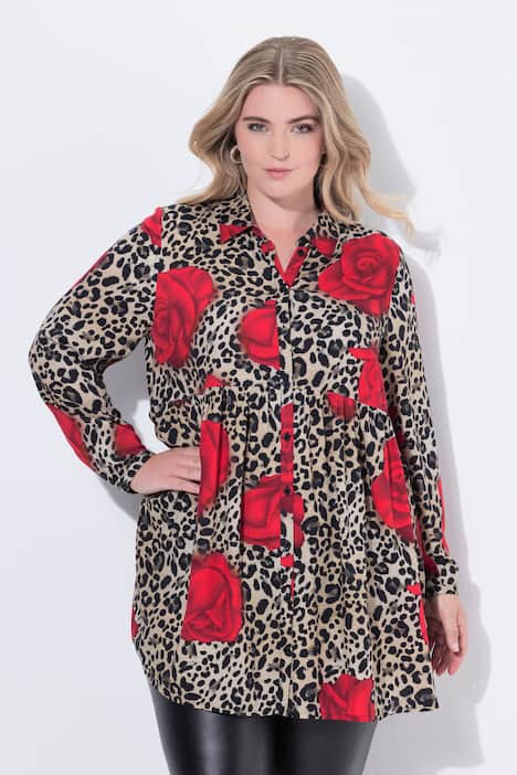 Blouse, A-lijn, luipaard/rozen-motief, lange mouwen