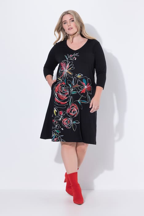 Kleid, A-Linie, Blumenmuster, 3/4-Ärmel