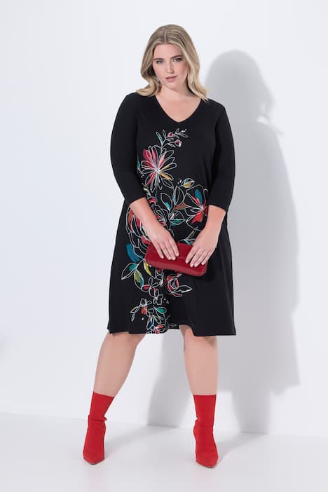 Kleid, A-Linie, Blumenmuster, 3/4-Ärmel