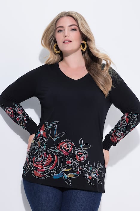 T-Shirt, Classic Fit, Blumenmotive, Langarm
