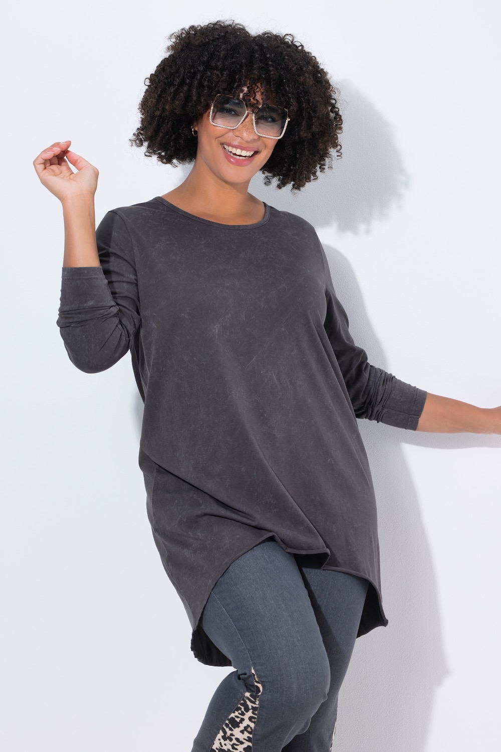 Lang T-shirt, A-form, koldfarvet jersey - forvasket