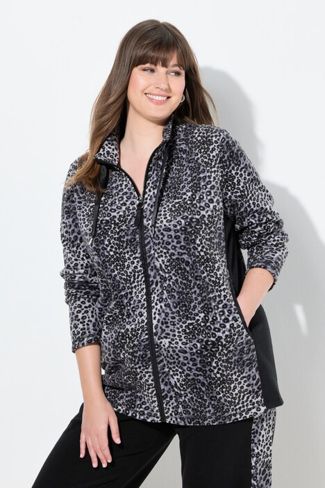Loungewear-Fleecejacke, Leomuster, Stehkragen