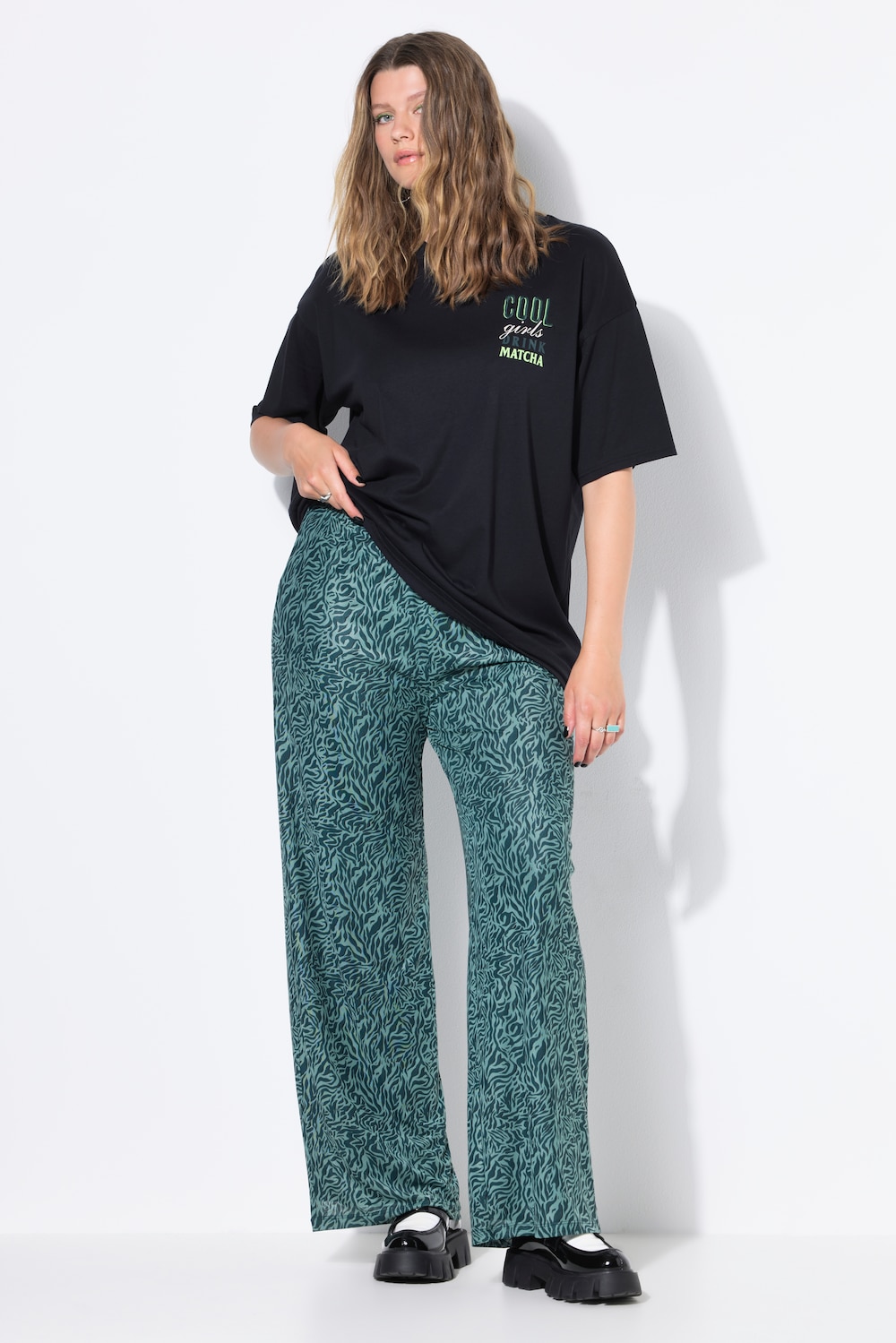 Mesh broek, wijde pijpen, hoge taille, mesh met zebra
