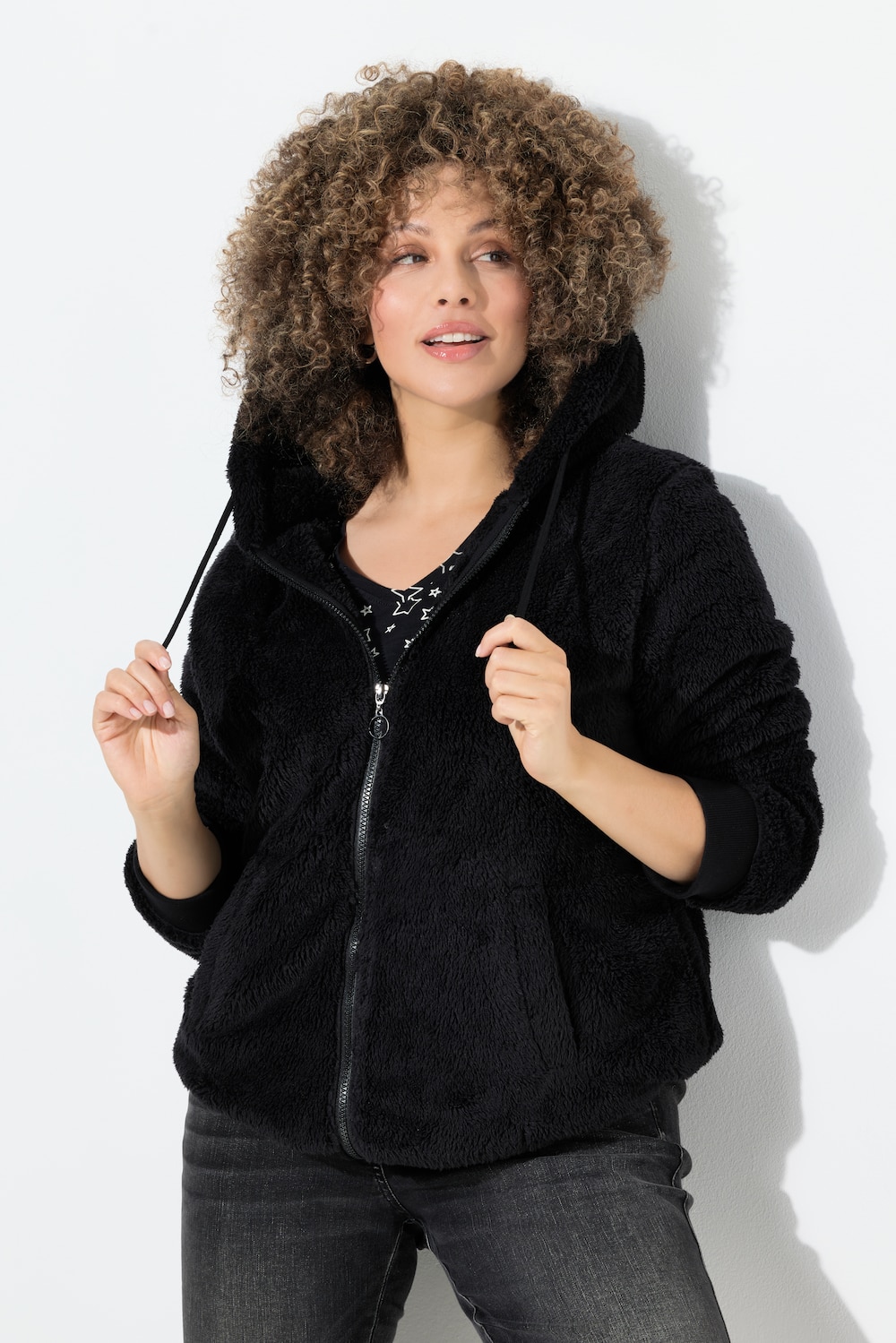Teddy-Jacke, Kapuze, Langarm, weicher Teddyplüsch