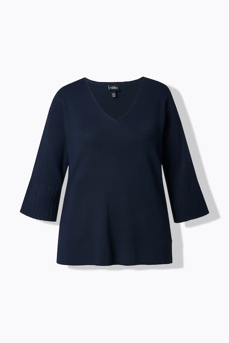 Trui, fijngeribd breisel, V-hals, 3/4-volantsmouwen