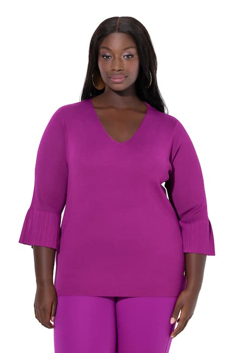 Svetr, jemný úplet, výstřih do V, 3/4 volánové rukávy