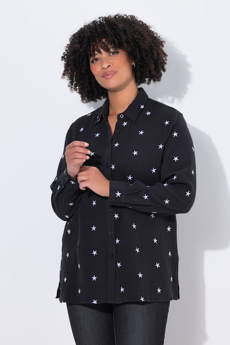 Musselin-Bluse, oversized, Sternen-Stickerei