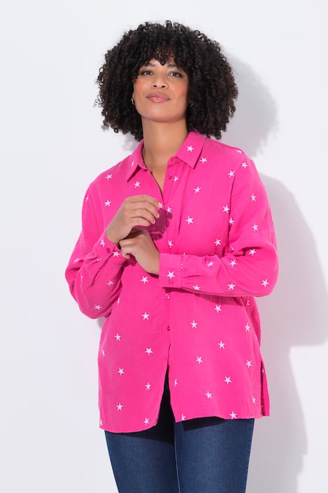 Musselin-Bluse, oversized, Sternen-Stickerei