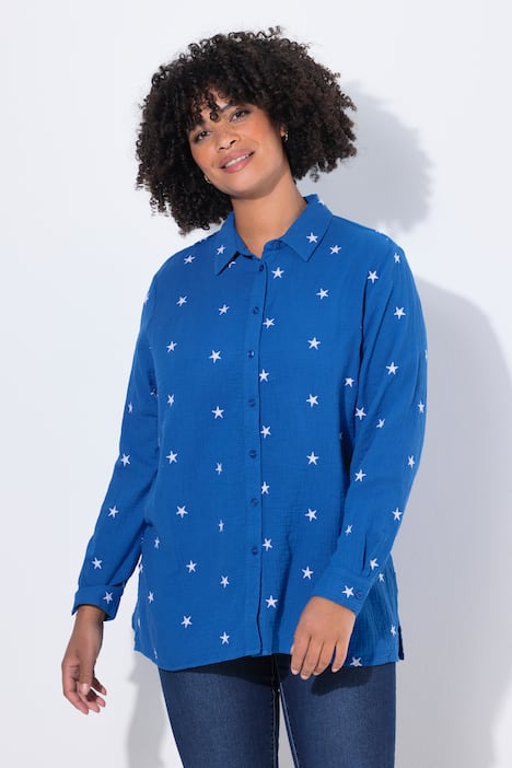 Musselin-Bluse, oversized, Sternen-Stickerei