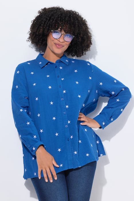 Musselin-Bluse, oversized, Sternen-Stickerei