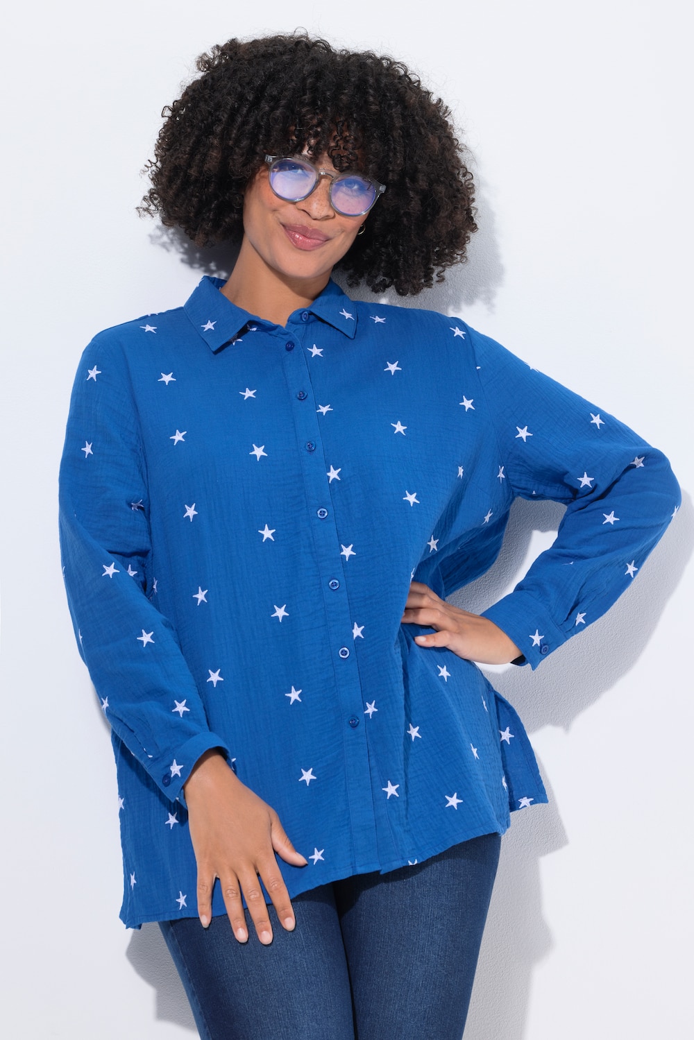 Musselin-Bluse, oversized, Sternen-Stickerei