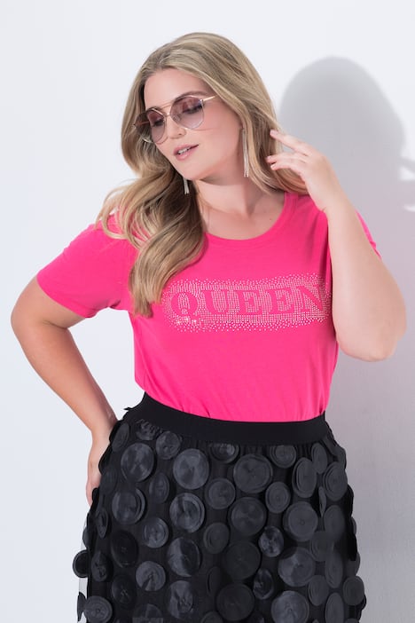 T-Shirt, Komfort Fit, Glitzersteinchen-Schriftzug
