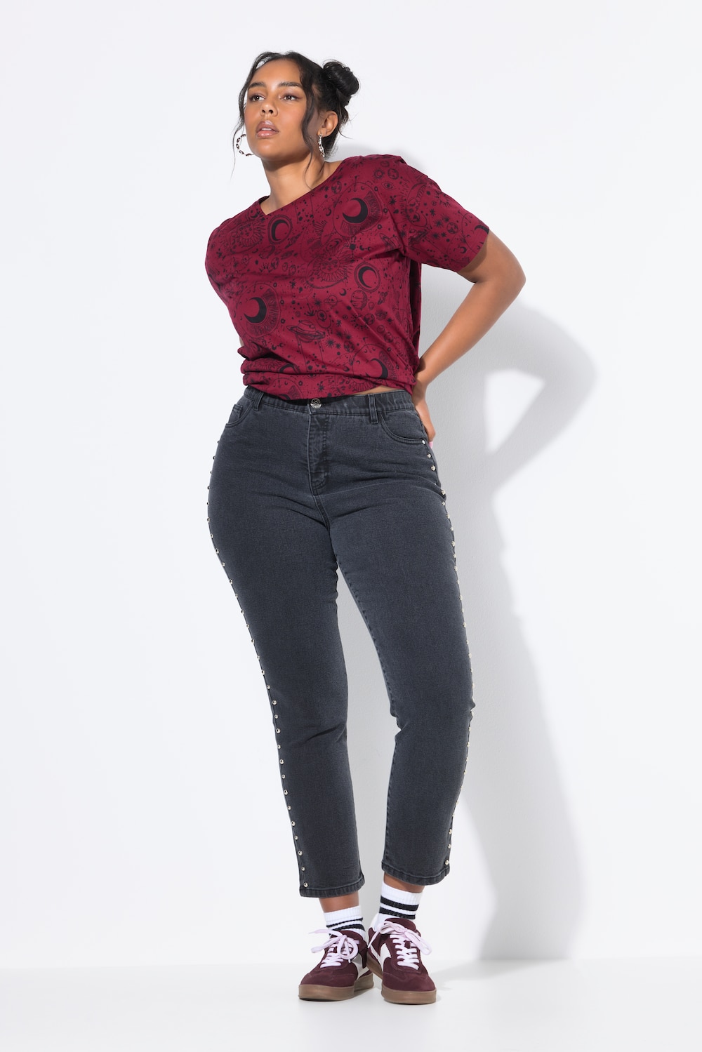 Mom-jeans, sierstuds, 5-pocket, elastische tailleband