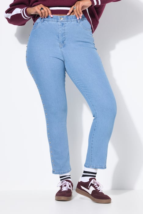 Mom-jeans, sierstuds, 5-pocket, elastische tailleband