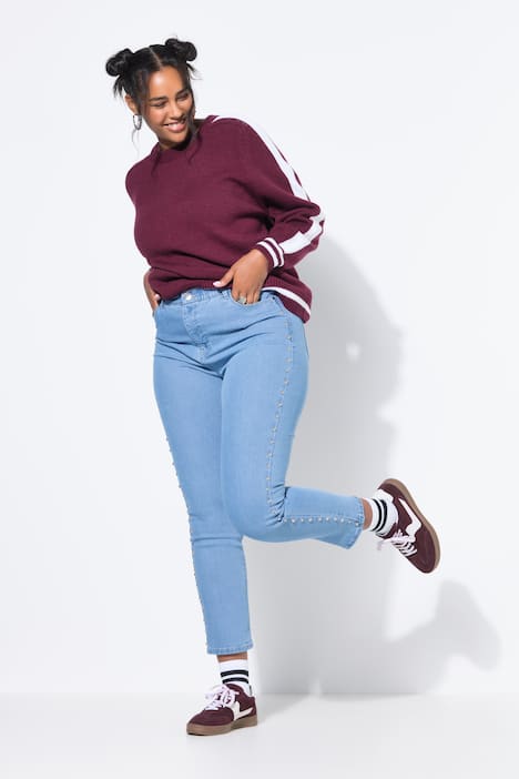 Mom-jeans, sierstuds, 5-pocket, elastische tailleband