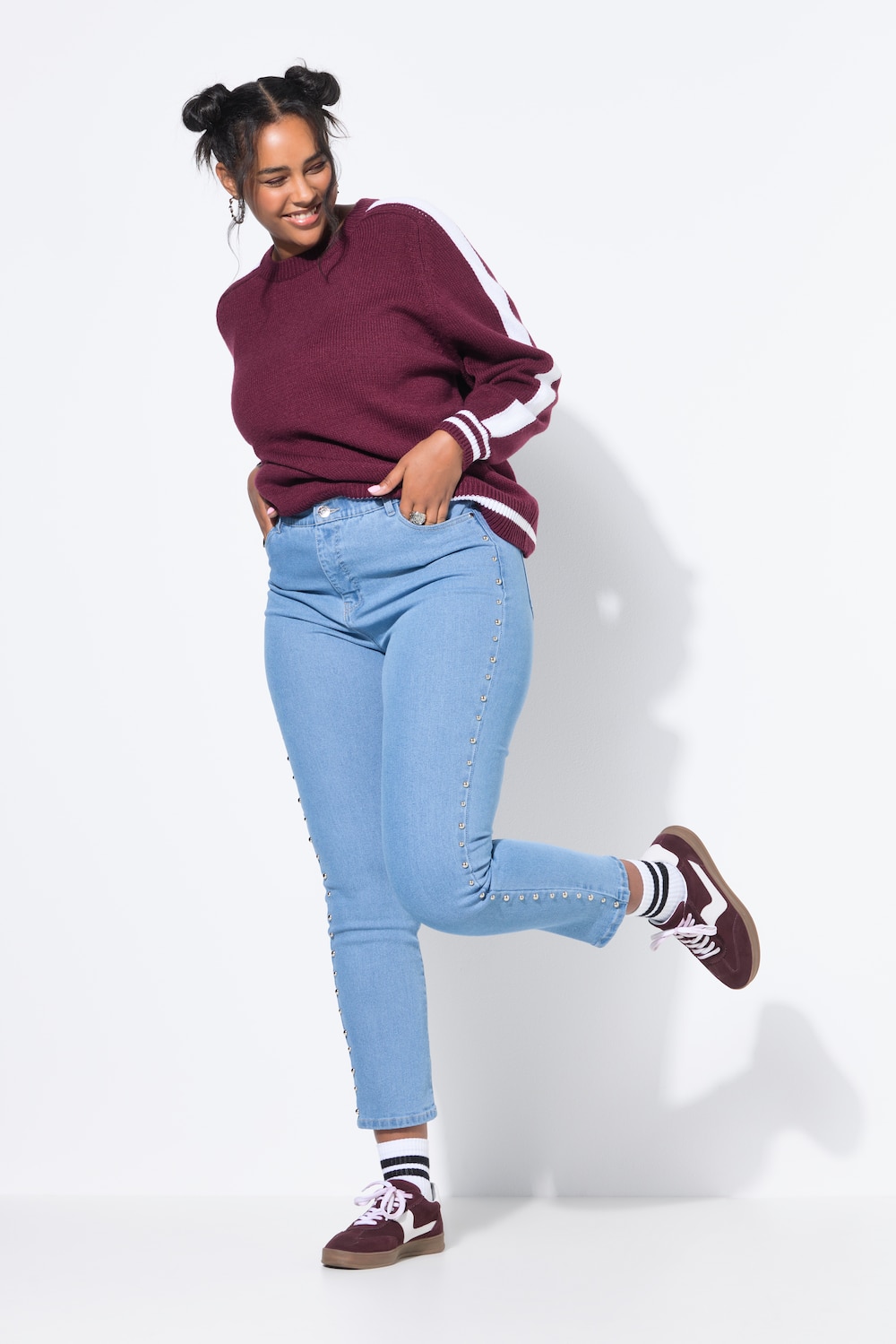 Mom-jeans, sierstuds, 5-pocket, elastische tailleband