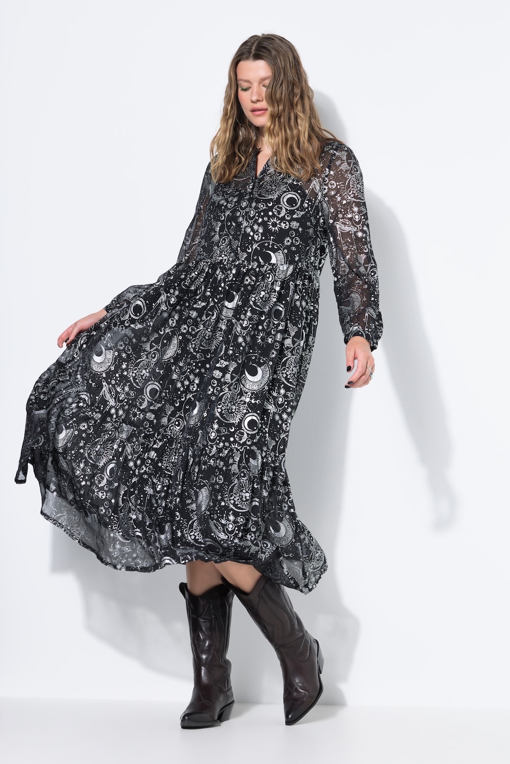 Maxikleid, A-Line, doppellagig, Astroprint