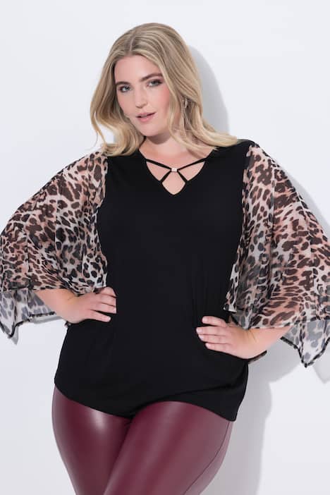 T-shirt, Classic pasform, 3/4-lange klokkeærmer af net med leopard-mønster
