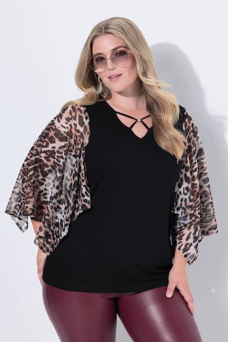 T-shirt, Classic pasform, 3/4-lange klokkeærmer af net med leopard-mønster