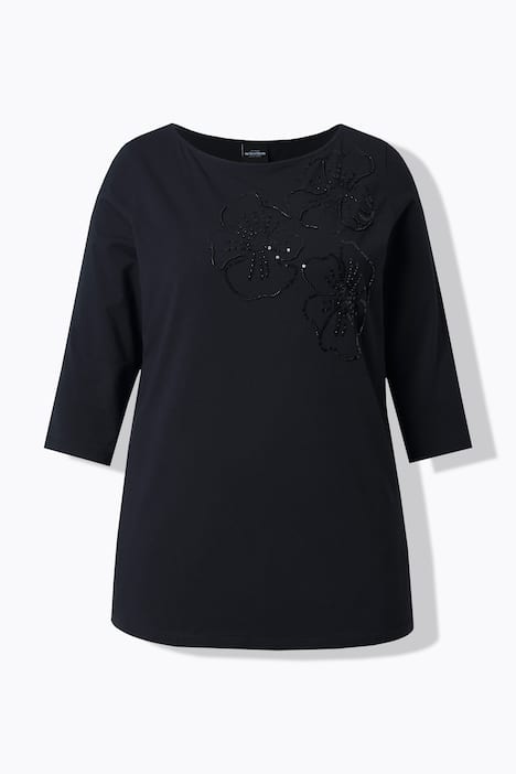 Shirt, Blüten, Zierperlen, U-Boot-Ausschnitt, 3/4-Arm