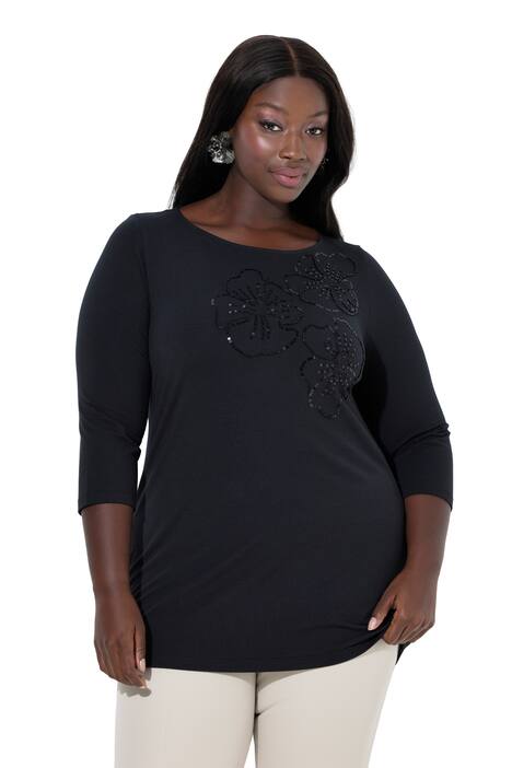 Tričko, květy, ozdobné perly, lodičkový výstřih, 3/4 rukávy