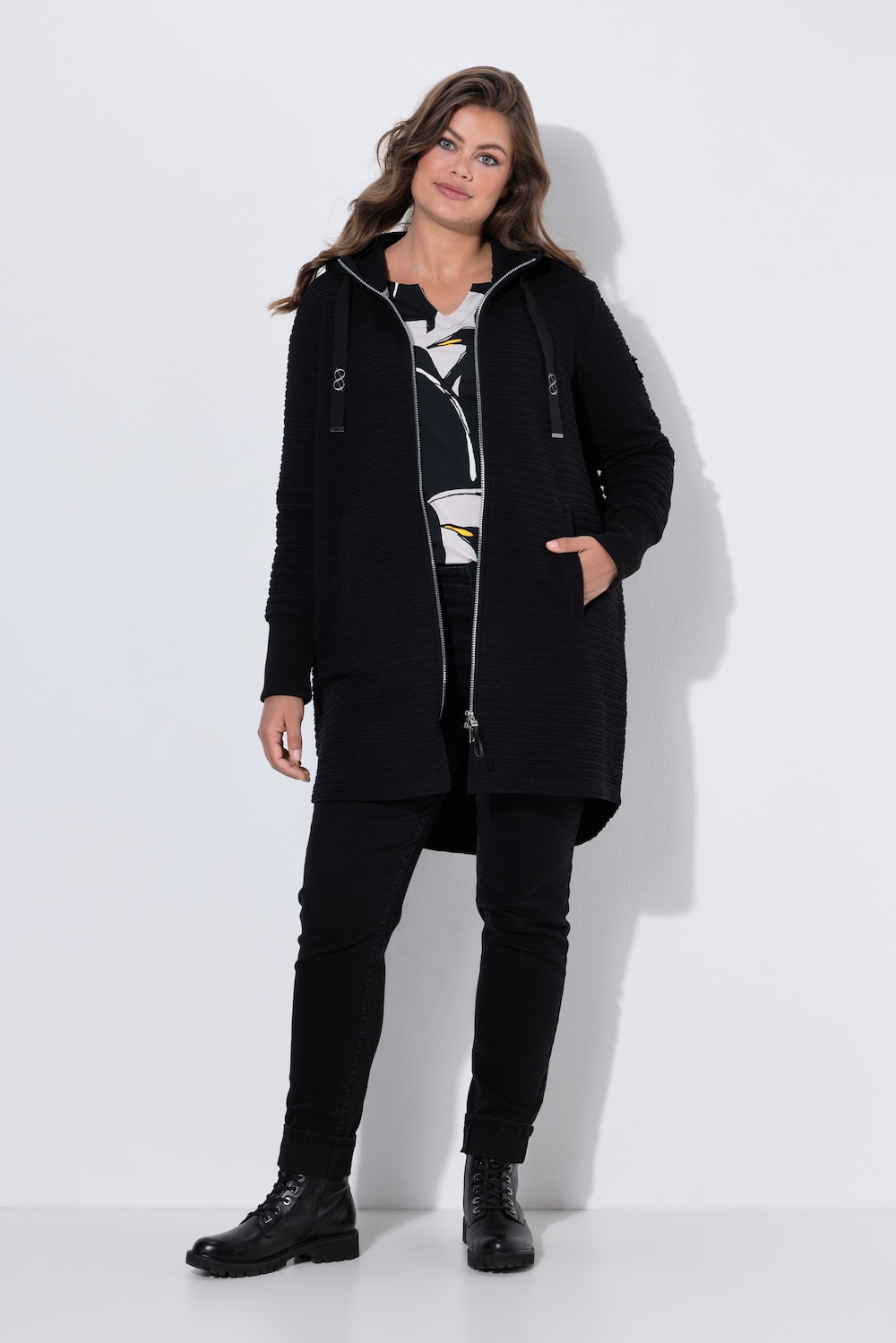Struktur-Sweatjacke, Langarm, Kapuze