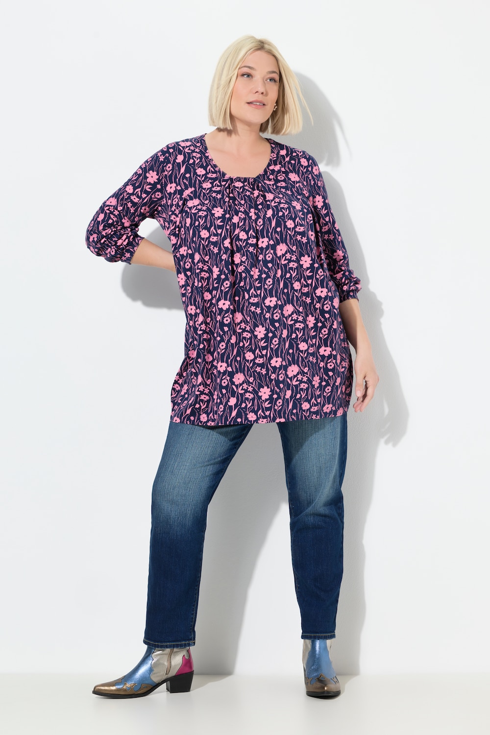 Shirt, sierplooien, A-lijn, carréhals, lange mouwen