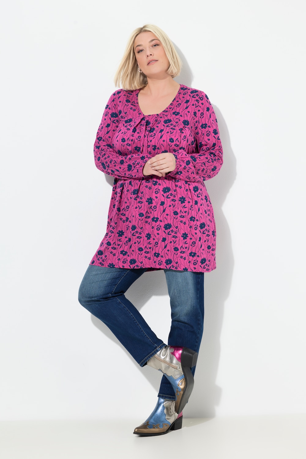 Shirt, Zierfalten, A-Linie, Carree-Ausschnitt, Langarm
