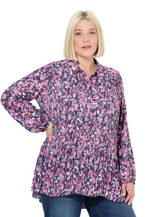 Plisovaná halenka, květinový vzor, áčkový střih, košilový límec, dlouhý rukáv