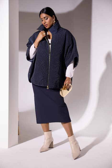 Stepp-Poncho, Oversized, Samt-Piping, Stehkragen