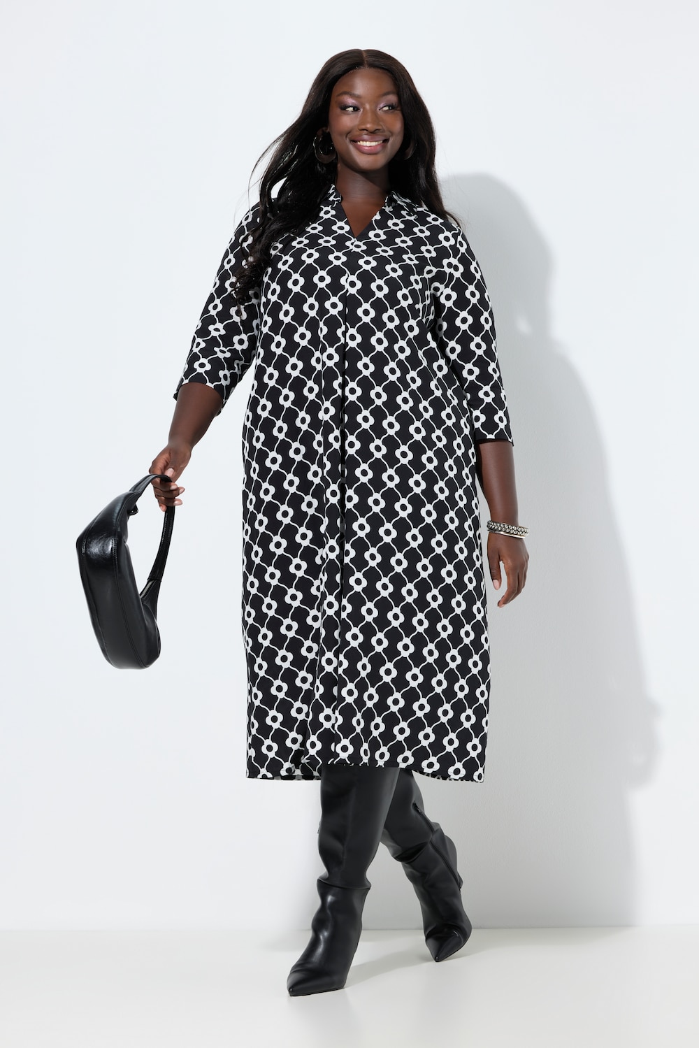 Lyocell-midikjole, blomster, A-form, V-udskæring, 3/4-lange ærmer