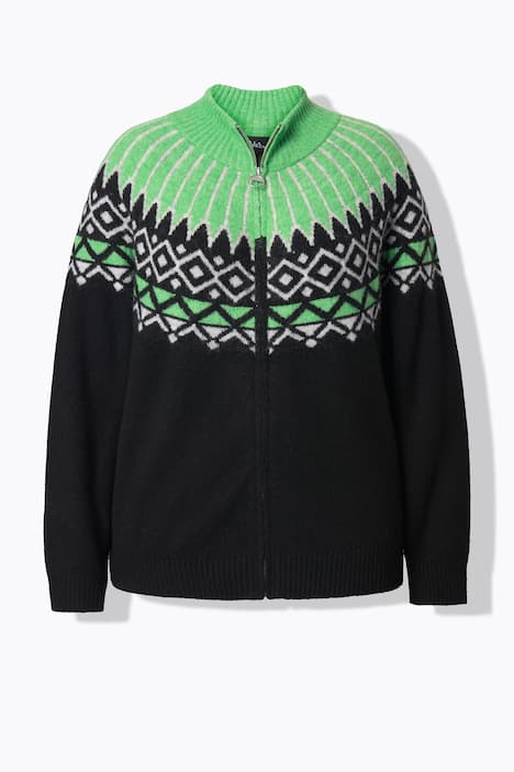 Gebreid vest met Noors patroon, opstaande kraag, rits, lange mouwen