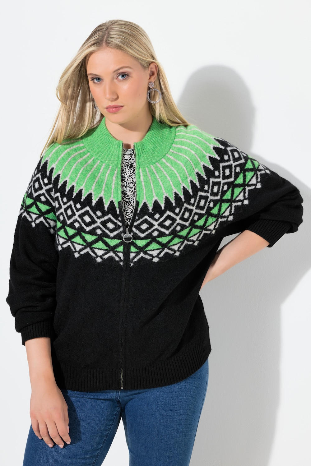 Große Größen Norweger-Strickjacke, Damen, schwarz, Größe: 42/44, Synthetische Fasern/Polyester, Ulla Popken