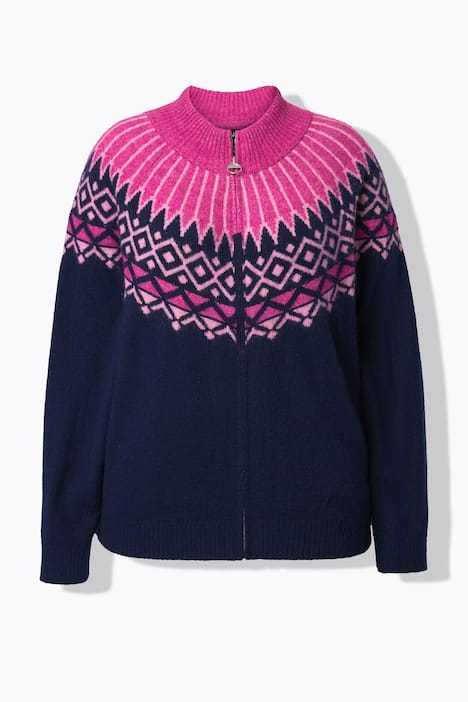 Gebreid vest met Noors patroon, opstaande kraag, rits, lange mouwen