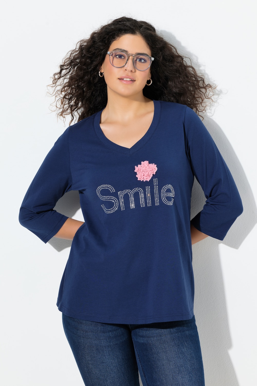 Shirt, Smile, Classic, V-hals, 3/4-mouwen