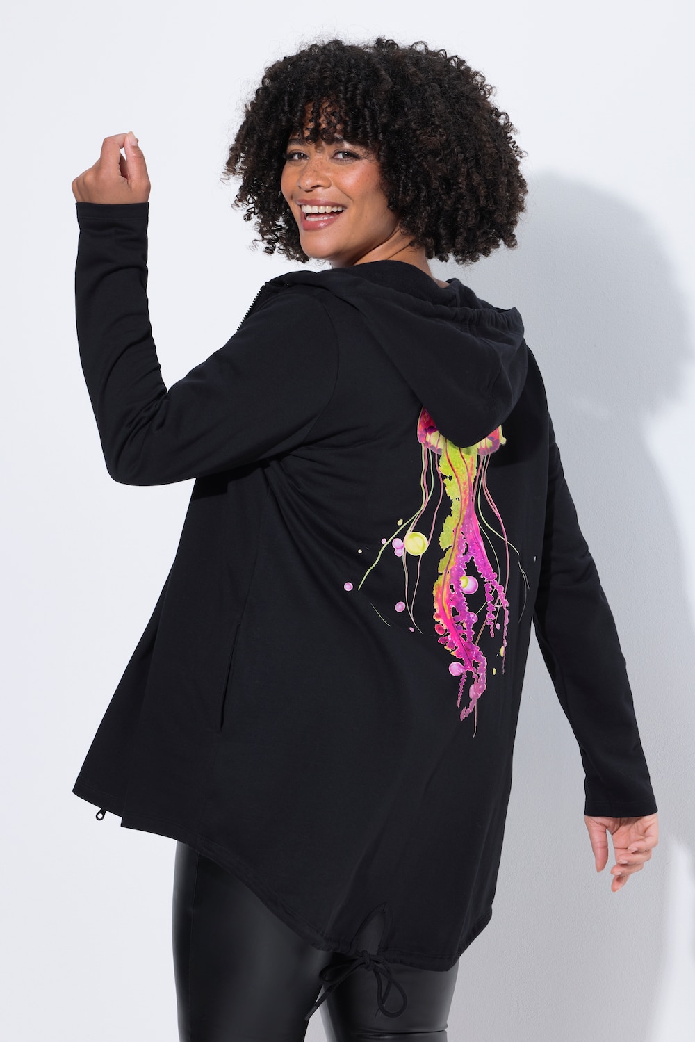 Long-Sweatjacke, A-Linie, Qualle auf dem Rücken, Kapuze