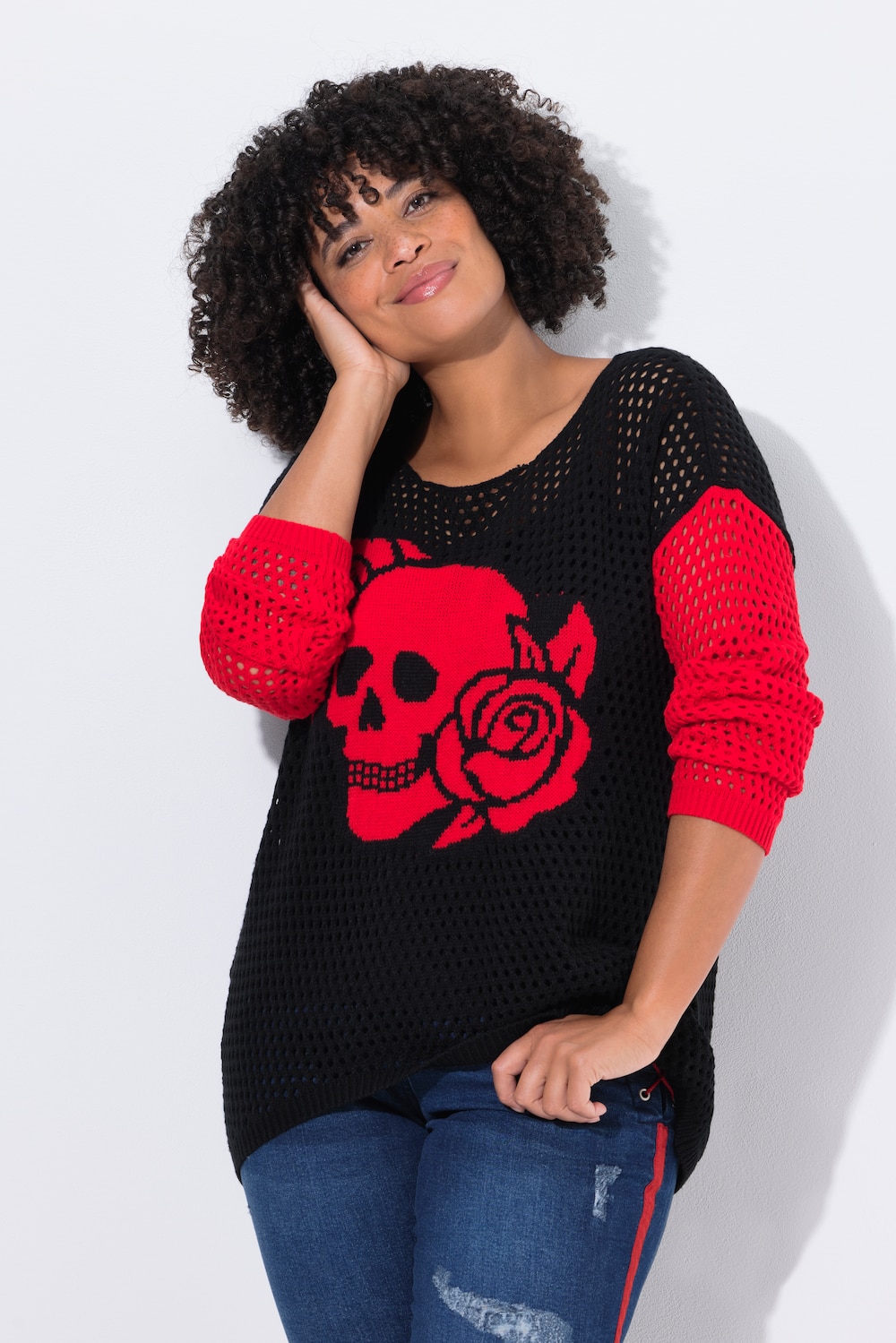 Pullover, Relaxed Fit, Lochstrick, Totenkopf