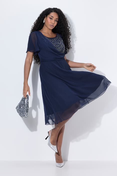 Midi-Abendkleid, Chiffon, Drapierung